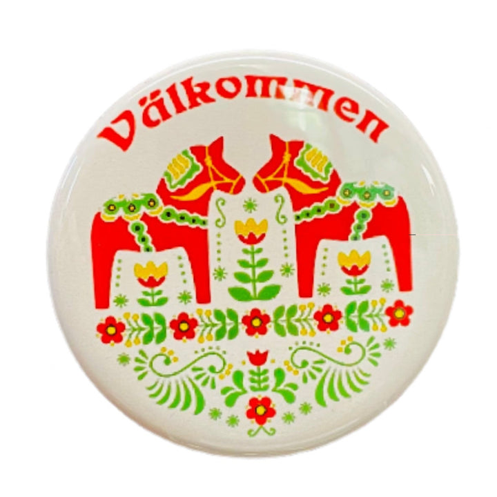 Välkommen Dala Horses round button/magnet