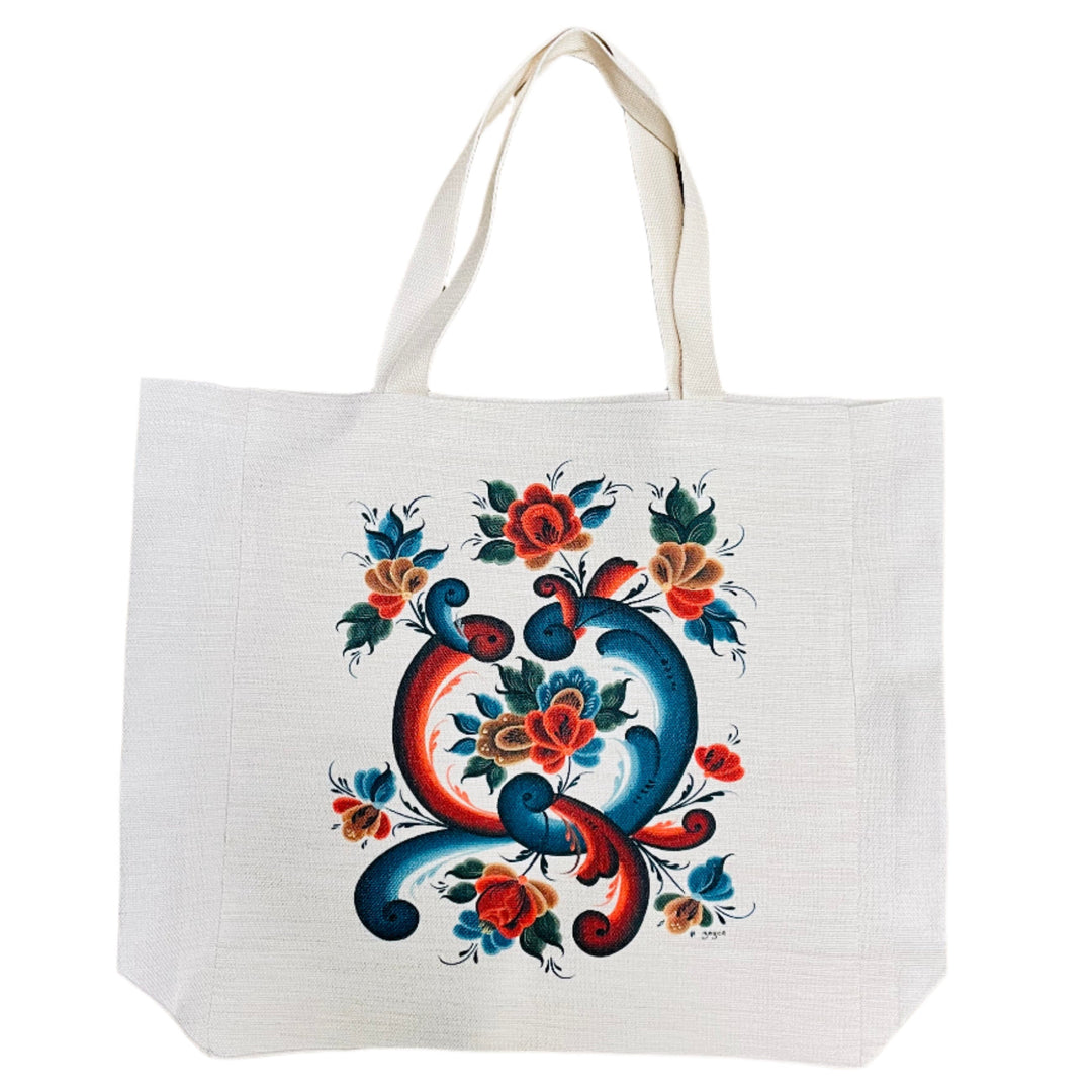 Linen Look Large Tote bag with Gusset - Rosemaling