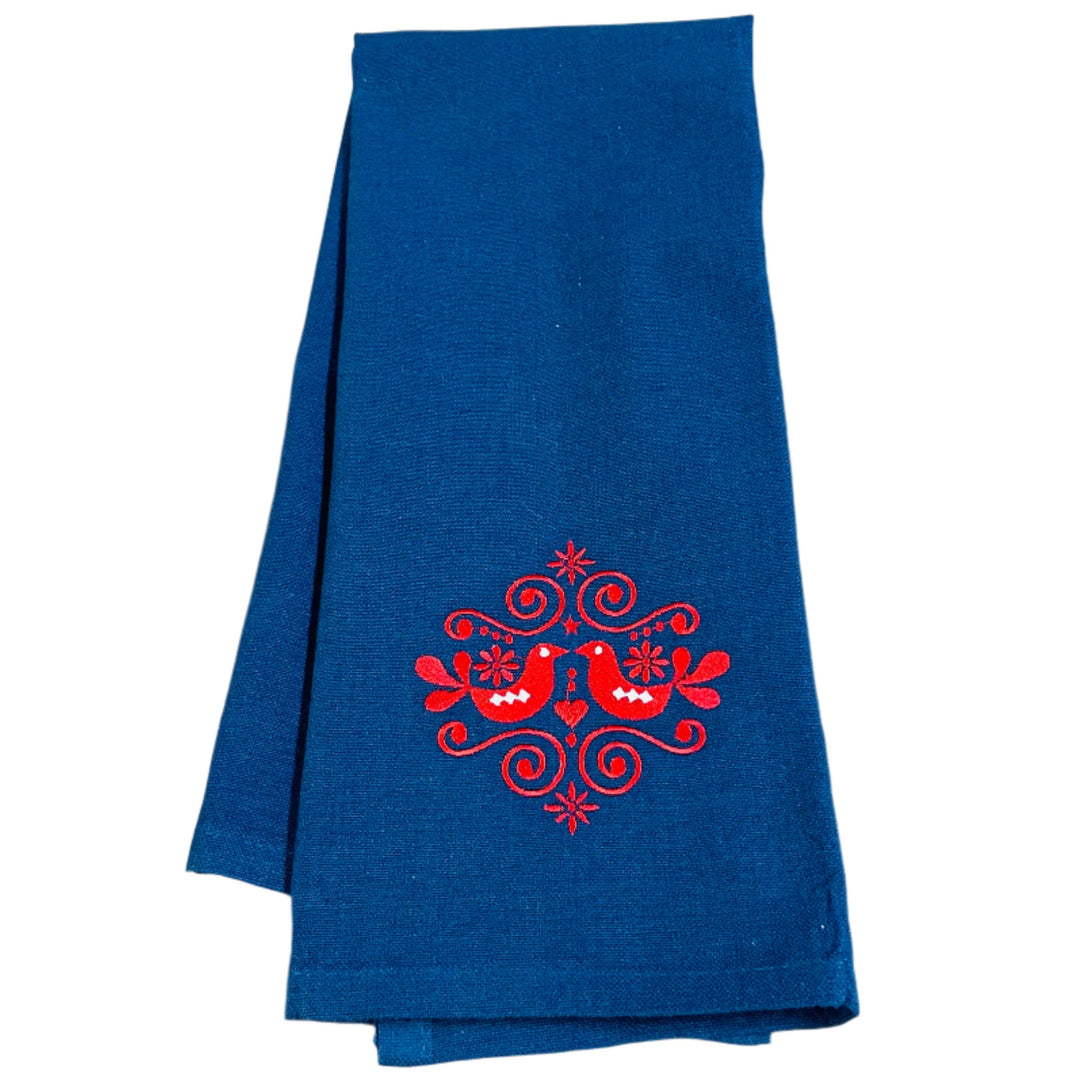 Dish Towel - Folk Art Birds on Blue