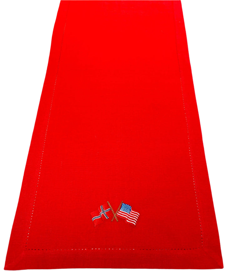 Norway and USA Flags Embroidered on Red 36" Runner