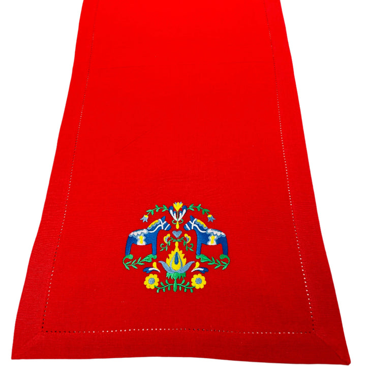 Blue Dala horses & Flowers Embroidered on Red 36" Runner