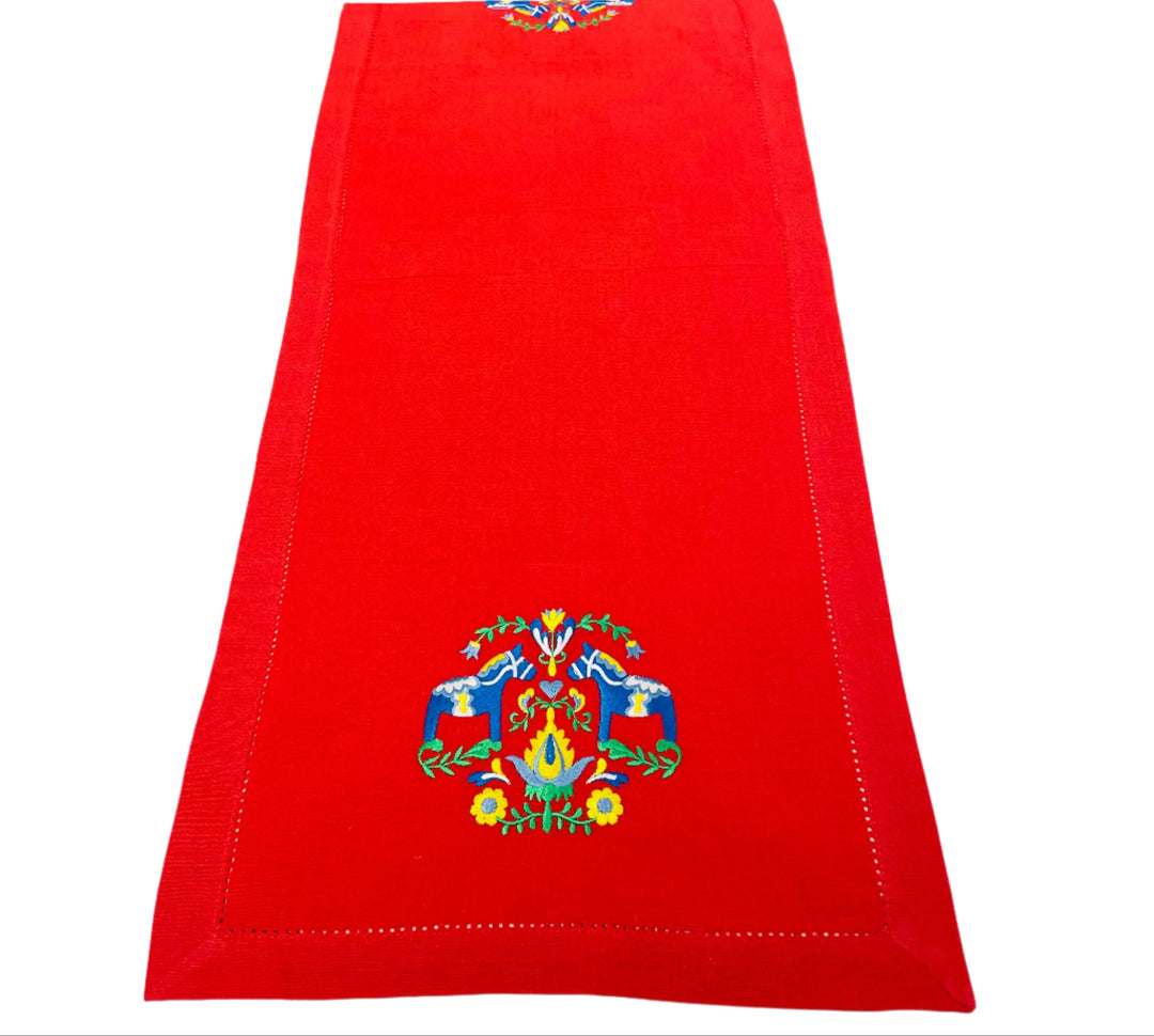 Blue Dala horses & Flowers Embroidered on Red 36" Runner