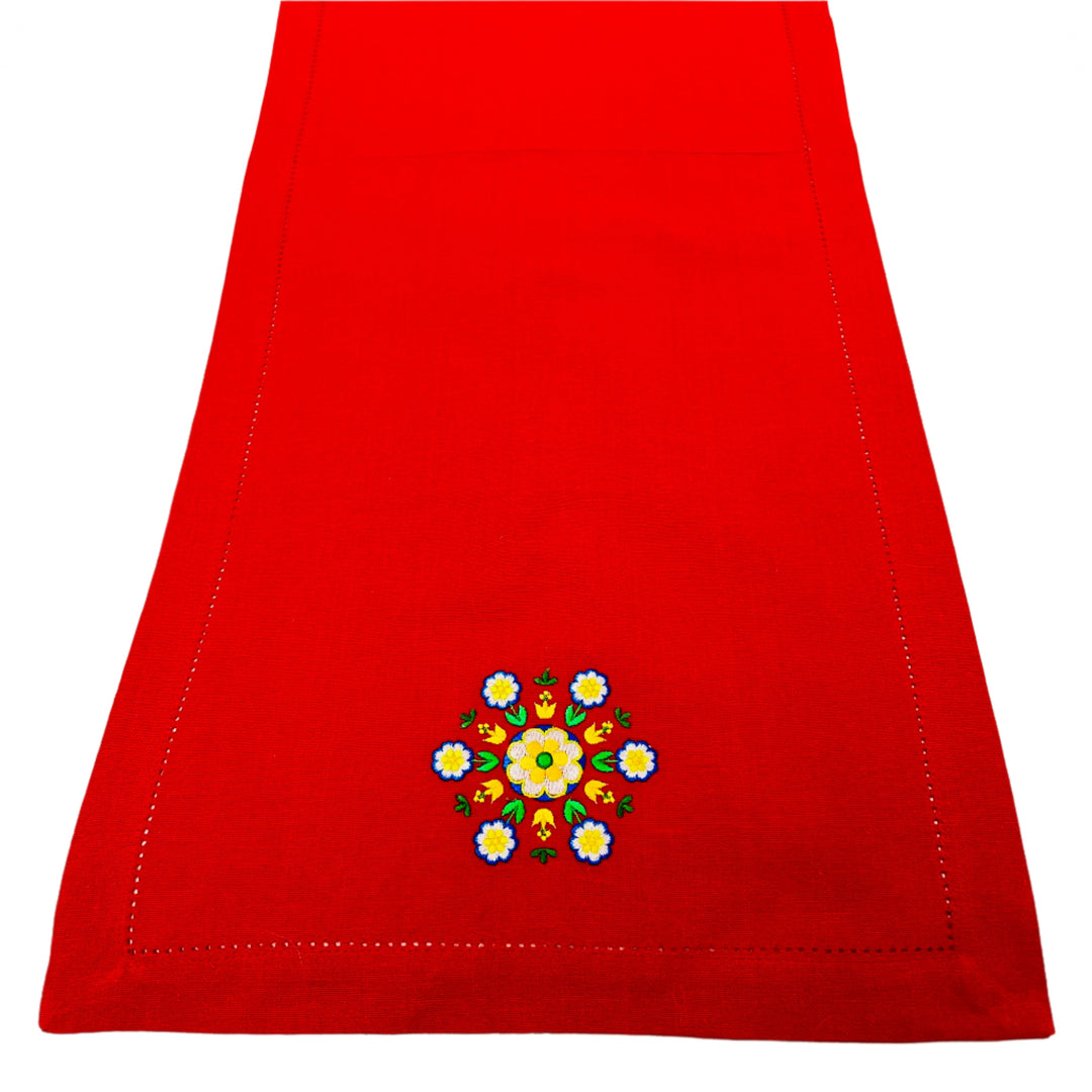 Flower Embroidered on Red 36" Runner