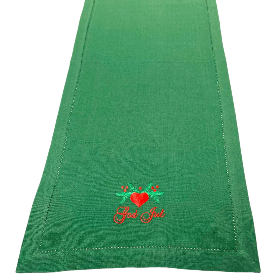 God Jul Hearts & Pines Embroidered on Green 36" Runner