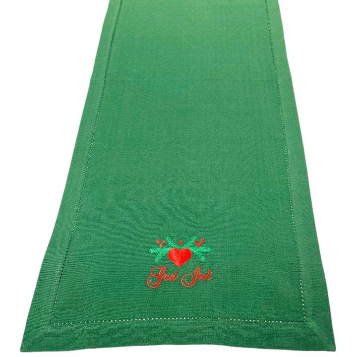 God Jul Hearts & Pines Embroidered on Green 36" Runner