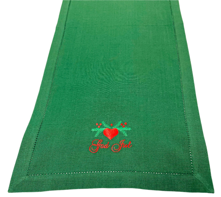 God Jul Hearts & Pines Embroidered on Green 36" Runner