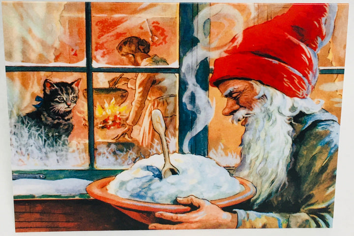 Boxed cards, Jenny Nystrom Tomte with Bowl of Porridge with Norwegian nisse story