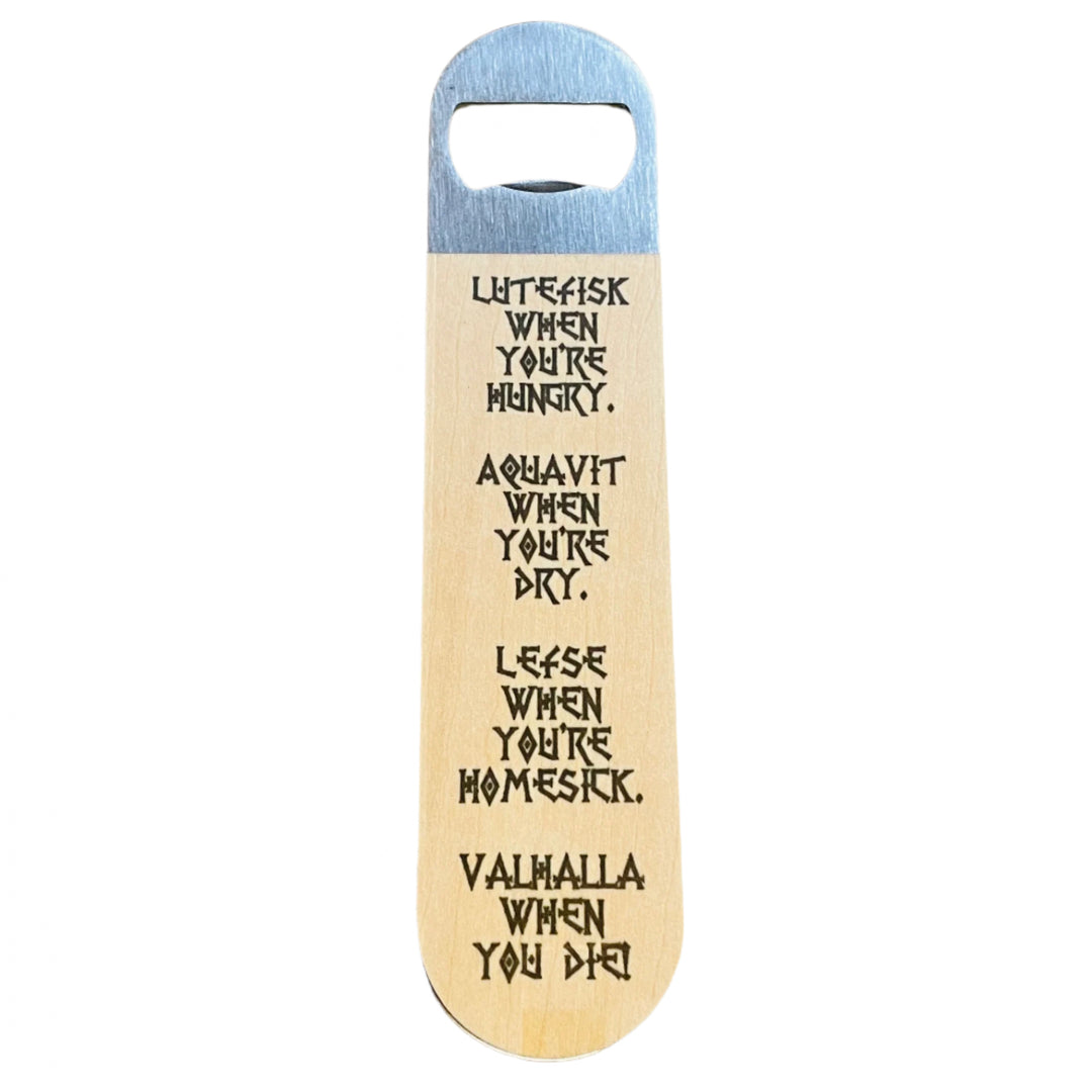 Bottle Opener - Stainless Steel with Wooden Handle - Lutefisk Lefse Poem
