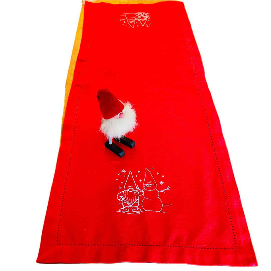 Gnome with Snowman Embroidered on Red 36" Runner