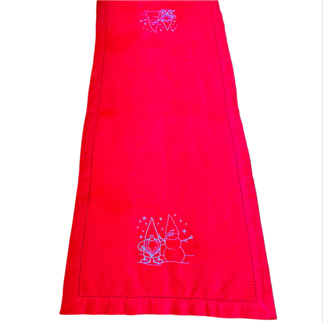 Gnome with Snowman Embroidered on Red 36" Runner