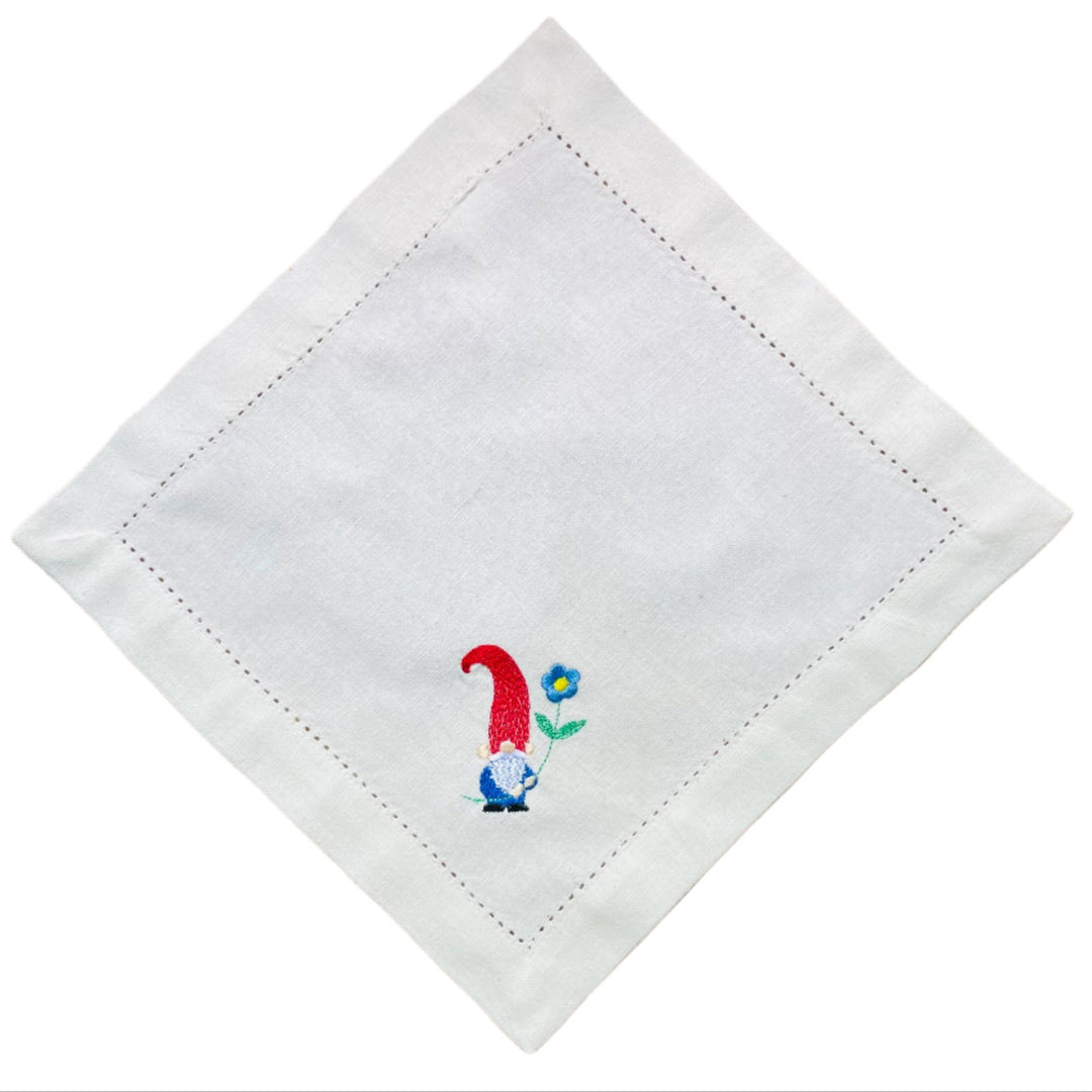 Small Square Doily Embroidered Gnome with blue flower