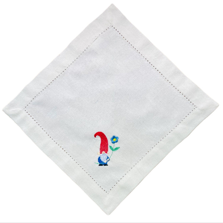 Small Square Doily Embroidered Gnome with blue flower