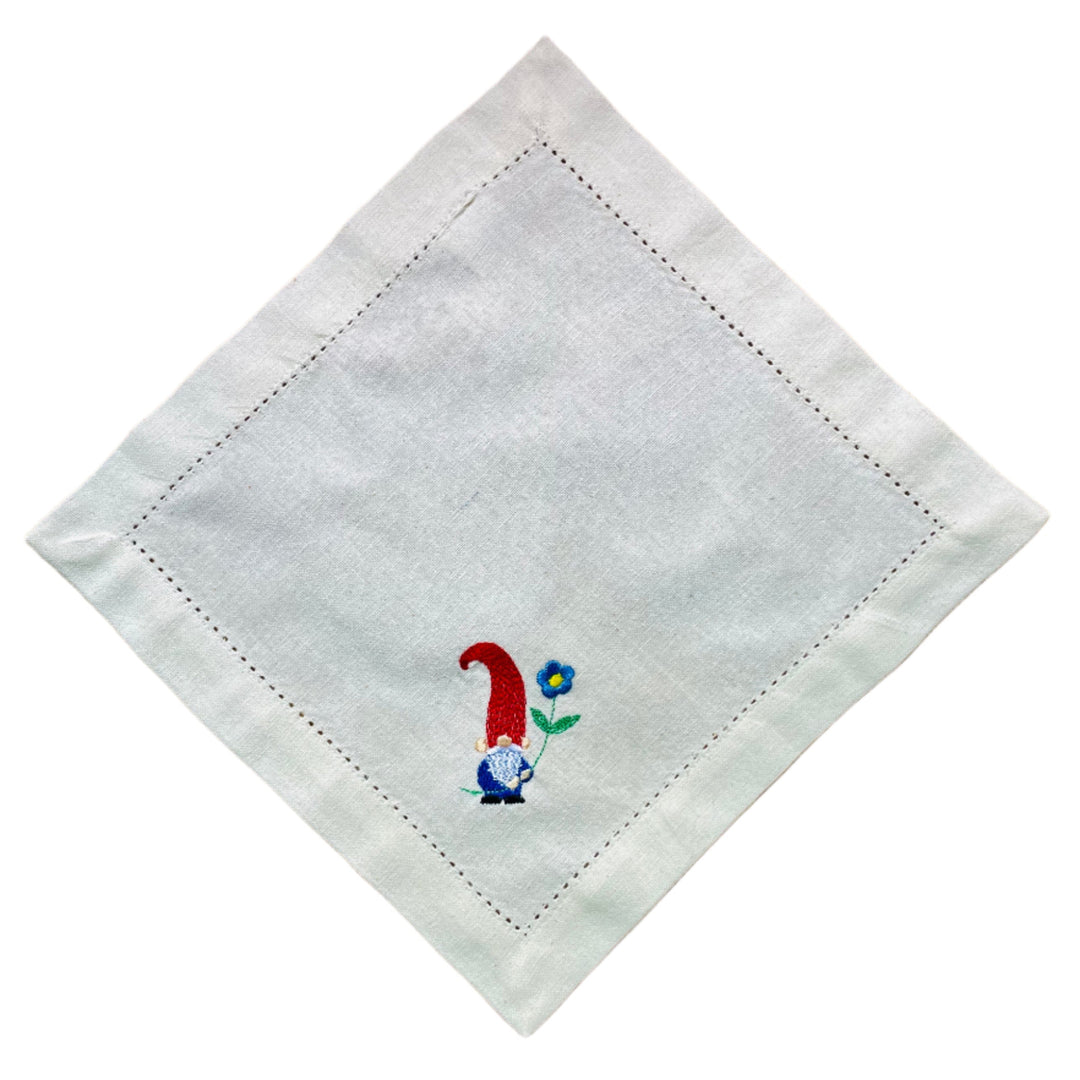 Small Square Doily Embroidered Gnome with blue flower