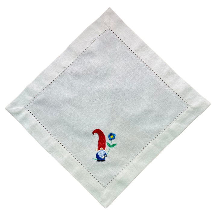 Small Square Doily Embroidered Gnome with blue flower