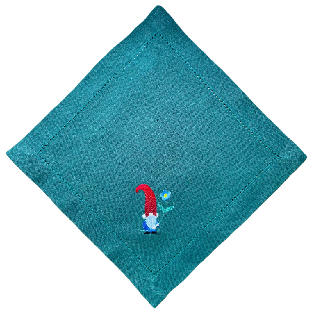 Small Square Doily Embroidered Gnome with blue flower