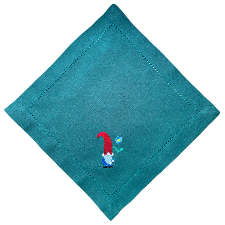Small Square Doily Embroidered Gnome with blue flower
