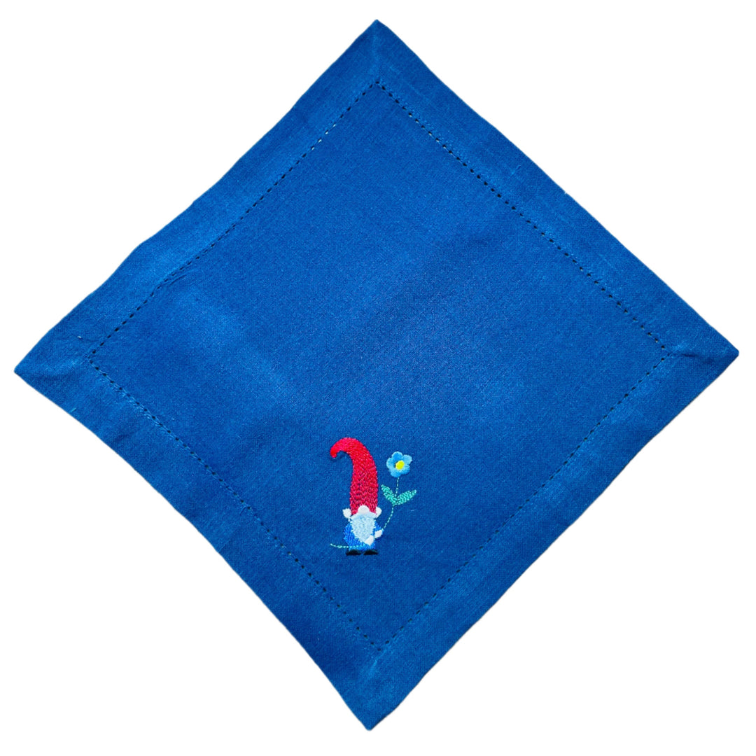 Small Square Doily Embroidered Gnome with blue flower