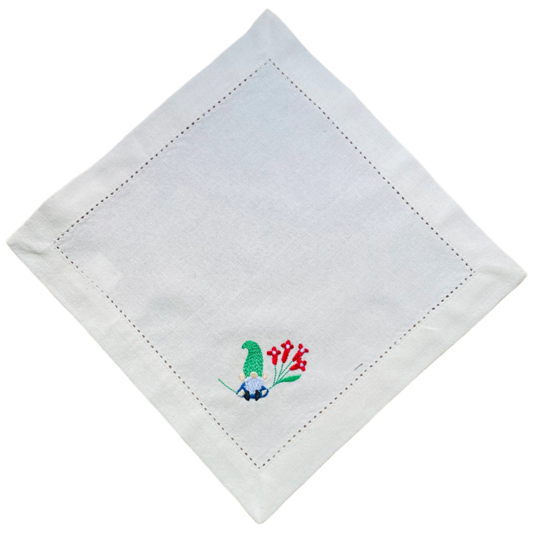 Small Square Doily Embroidered Gnome with red flowers