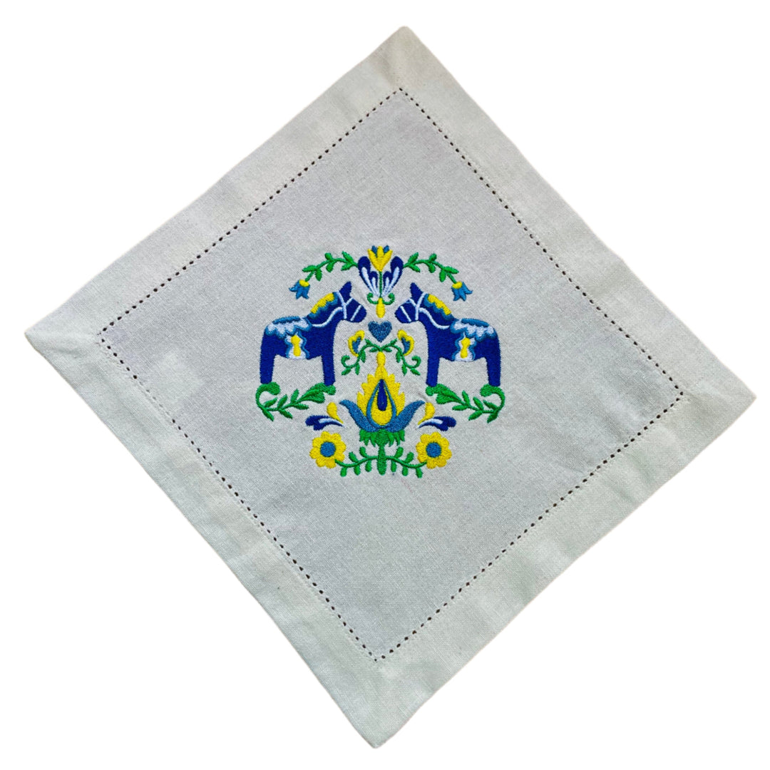 Small Square Doily Embroidered Dala horses & flowers