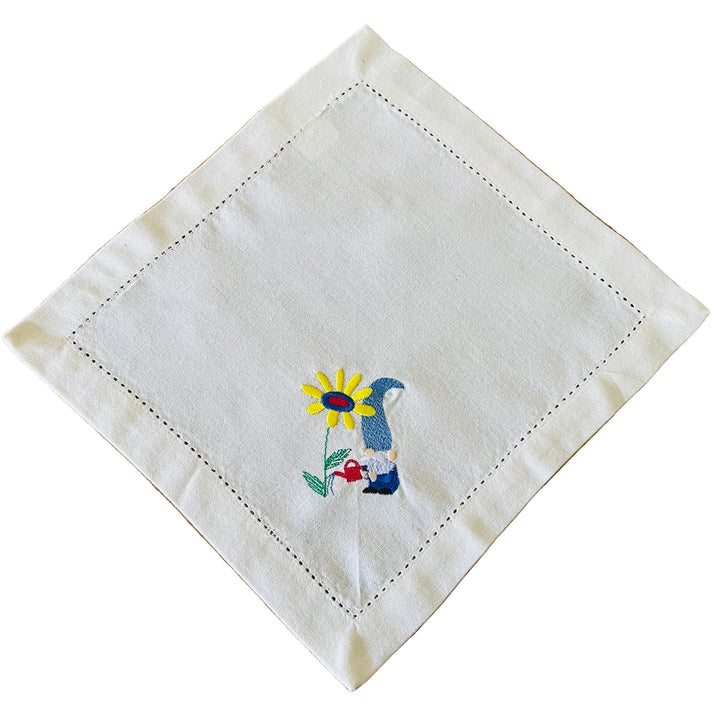 Small Square Doily Embroidered Gnome watering flower