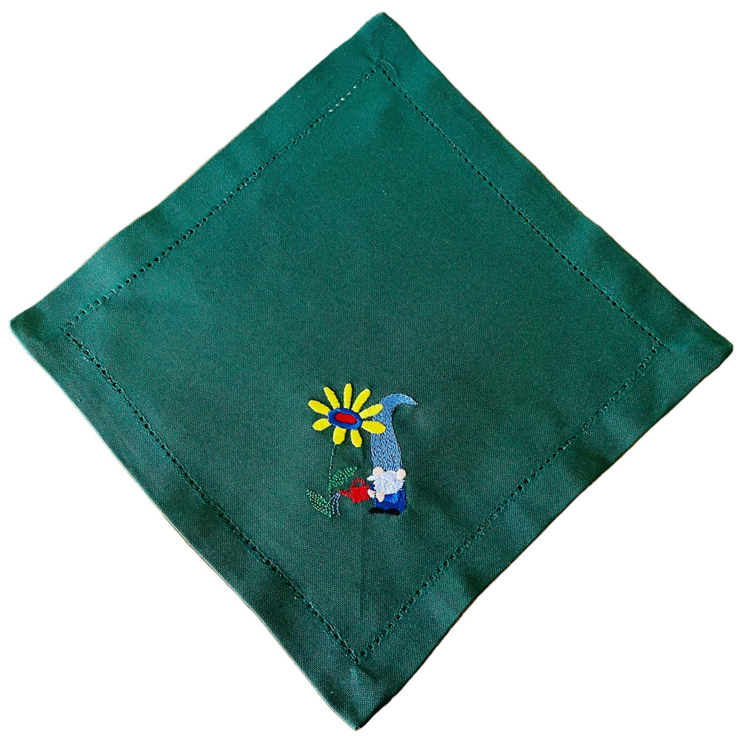 Small Square Doily Embroidered Gnome watering flower