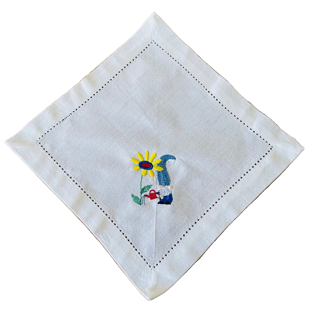 Small Square Doily Embroidered Gnome watering flower