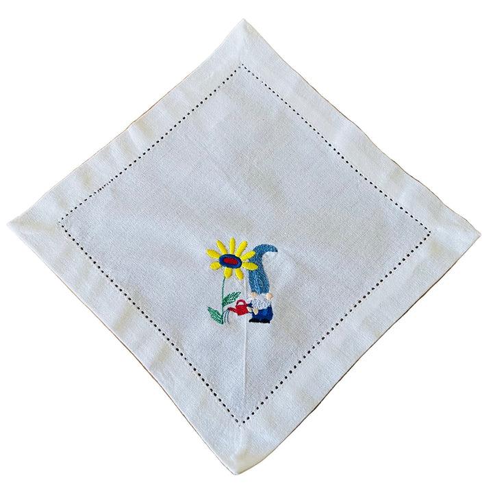 Small Square Doily Embroidered Gnome watering flower