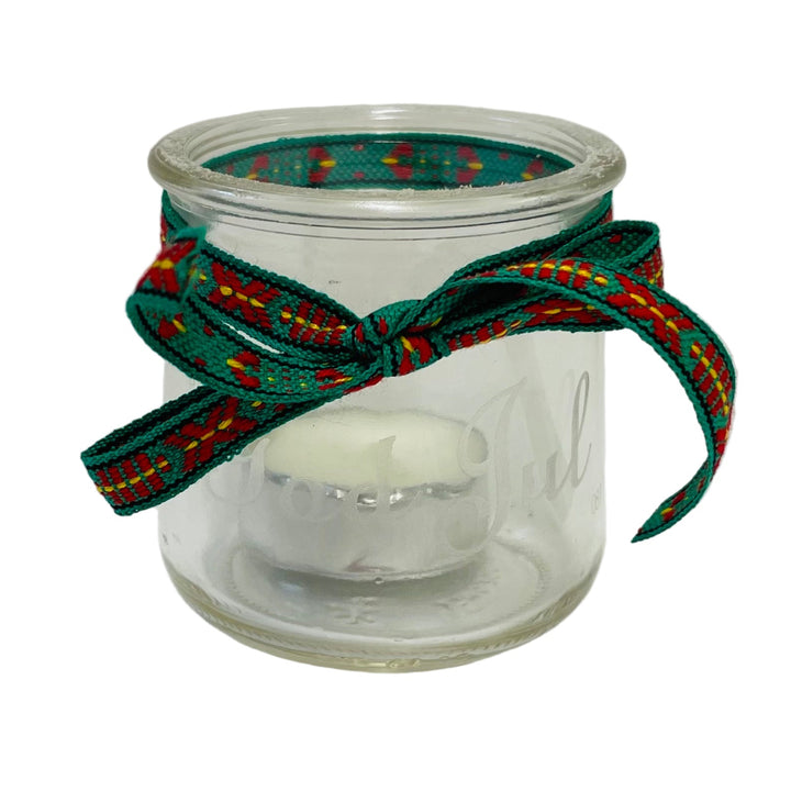 God Jul Glass Votive with Swedish Ribbon
