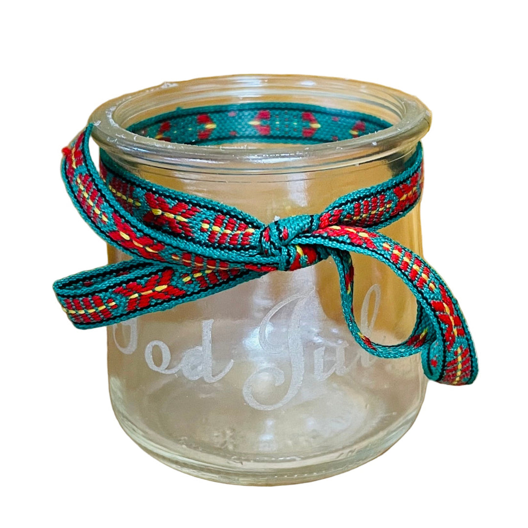 God Jul Glass Votive with Swedish Ribbon