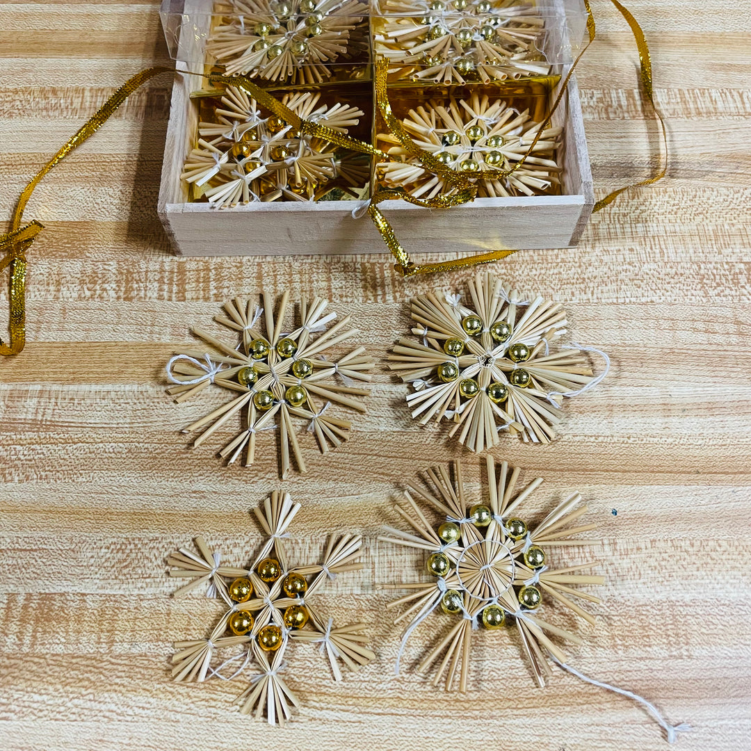 Straw snowflake w/ gold beads ornament set - Box of 12