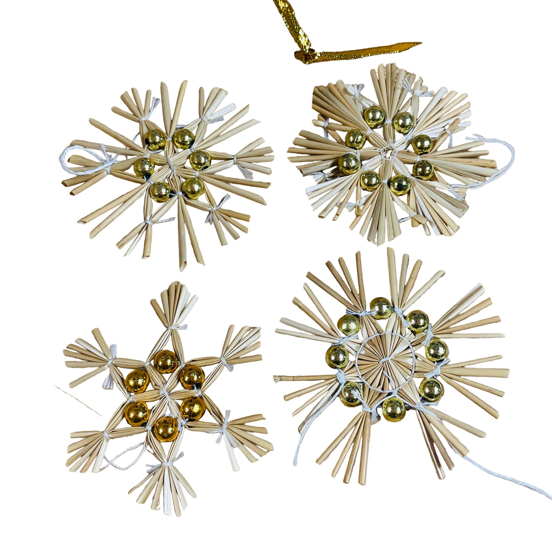 Straw snowflake w/ gold beads ornament set - Box of 12