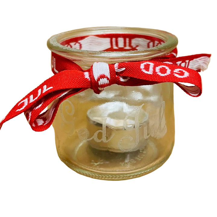 God Jul Glass Votive with Swedish Ribbon