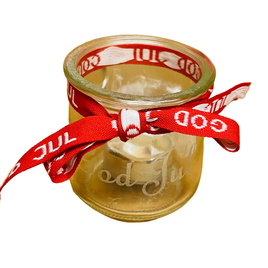 God Jul Glass Votive with Swedish Ribbon