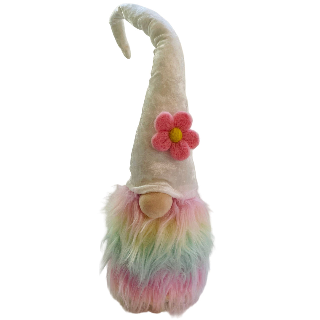 Gnome with Pastel Rainbow fur & Pink Flower on White hat
