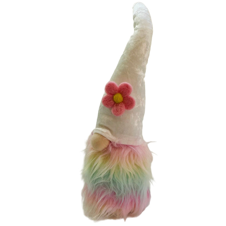 Gnome with Pastel Rainbow fur & Pink Flower on White hat