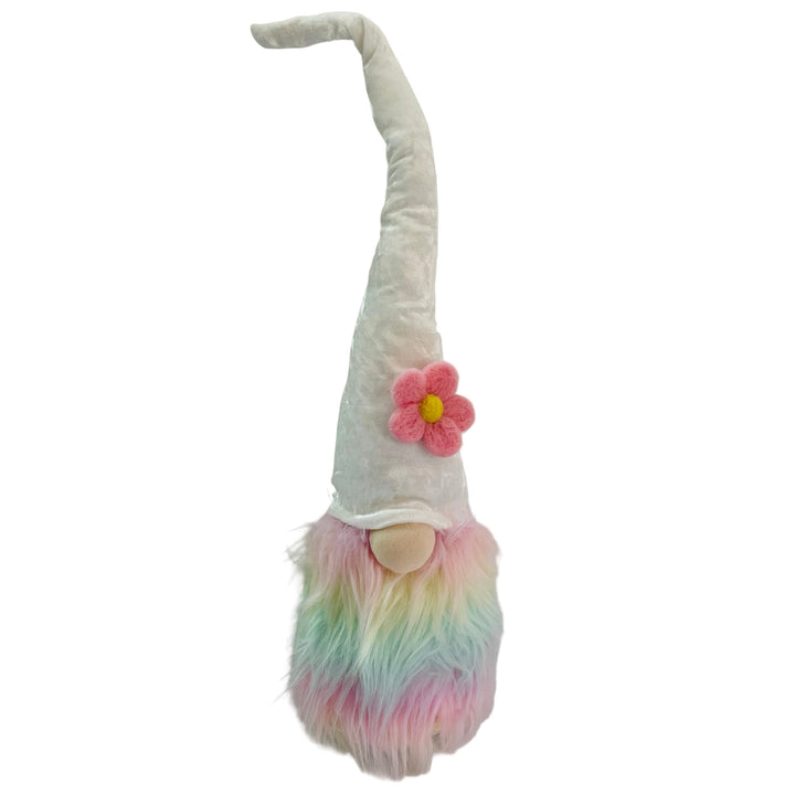 Gnome with Pastel Rainbow fur & Pink Flower on White hat