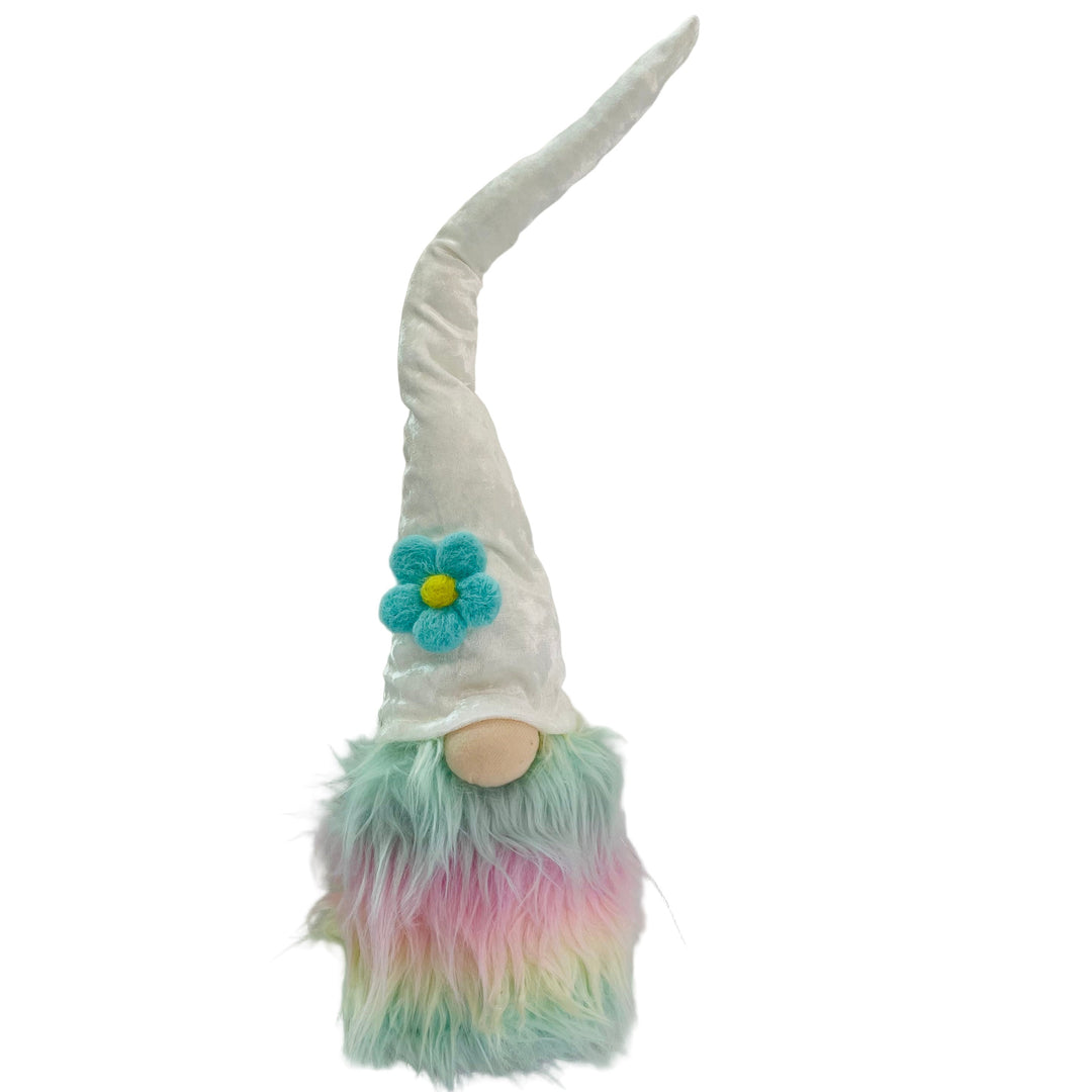 Gnome with Pastel Rainbow fur & Aqua Flower on White hat