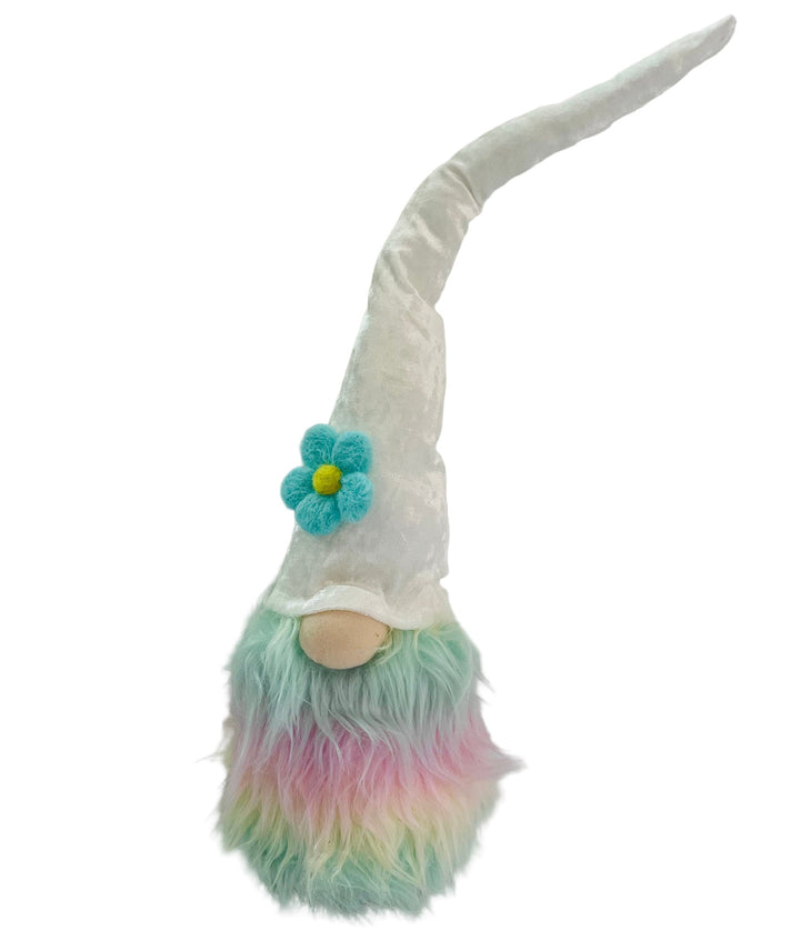 Gnome with Pastel Rainbow fur & Aqua Flower on White hat