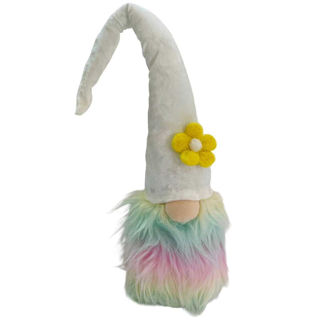 Gnome with Pastel Rainbow fur & Yellow  Flower on White hat