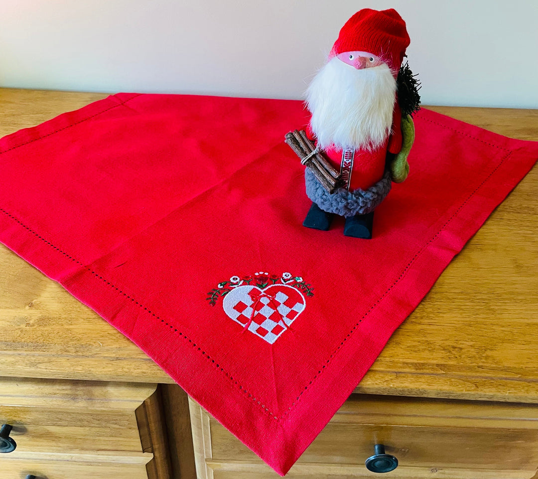 Large Square Napkin Embroidered Heart Basket