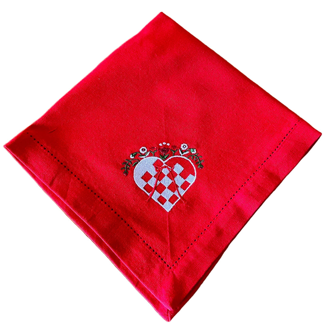 Large Square Napkin Embroidered Heart Basket