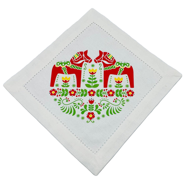 Small Square Doily Printed with Red Dala Horses & Flowers