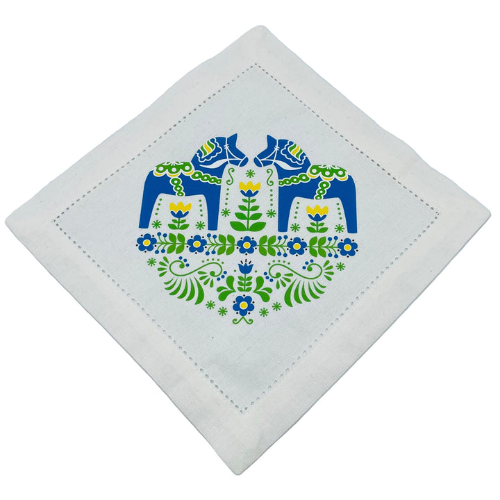 Small Square Doily with Printed Blue Dala Horse & Flowers