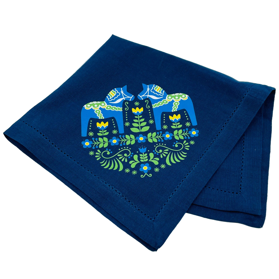 Large Square Napkin Printed Dala Horse & Flowers