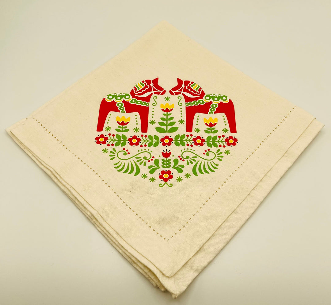 Large Square Napkin Printed Dala Horse & Flowers