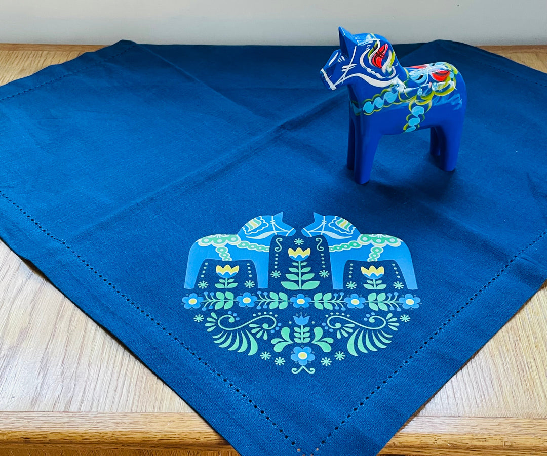 Large Square Napkin Printed Dala Horse & Flowers