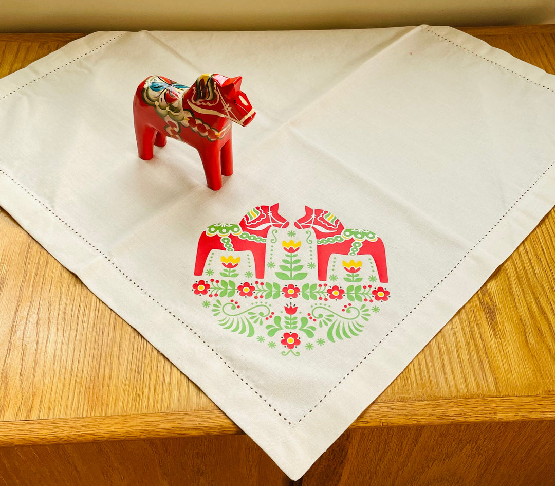 Large Square Napkin Printed Dala Horse & Flowers