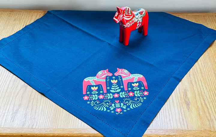 Large Square Napkin Printed Dala Horse & Flowers