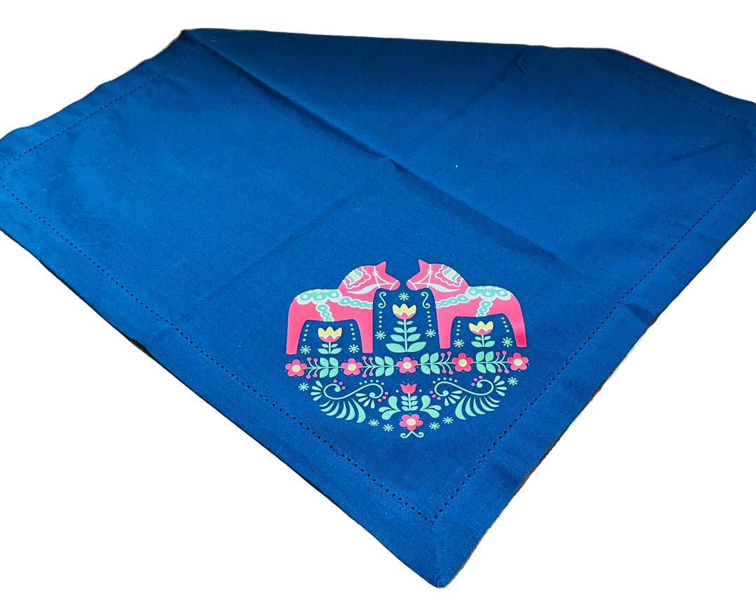 Large Square Napkin Printed Dala Horse & Flowers