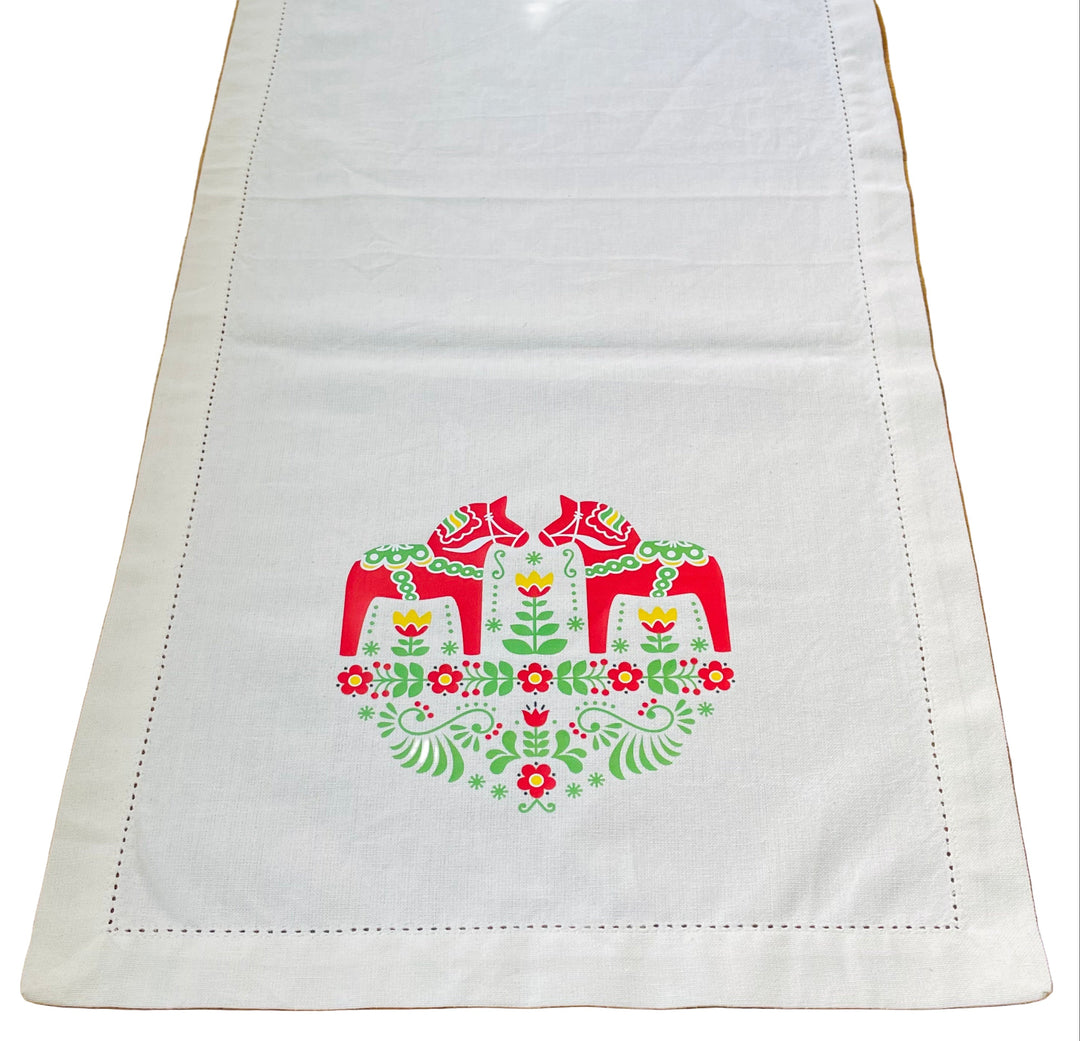 Red Dala horses & Flowers Printed on Cream 52" Table Runner